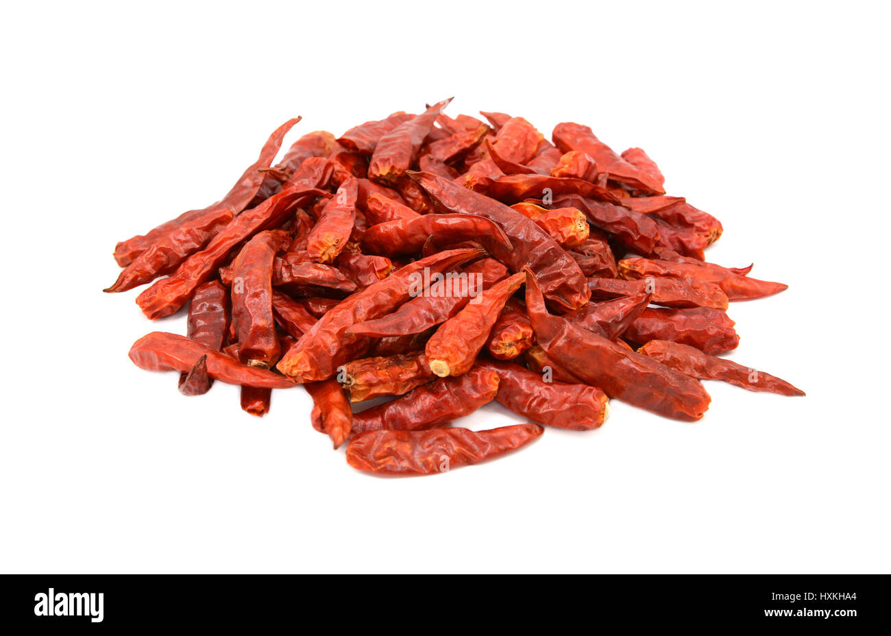 Spicy red birds eye chili peppers, isolé sur fond blanc Banque D'Images