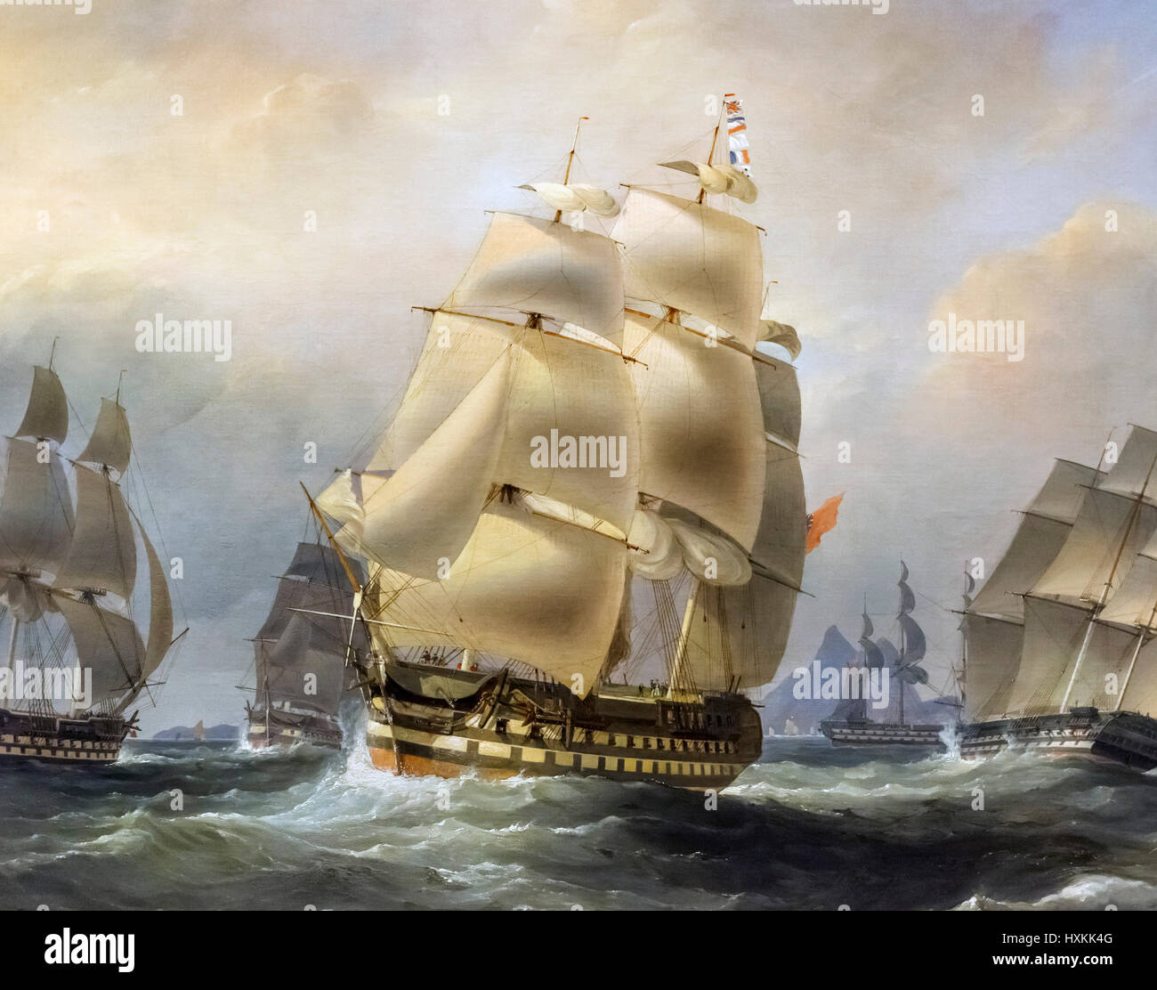 'Orient Indiamen dans la Chine des Mers" par William John Higgins et Edward Duncan, huile sur toile, c.1820. Le tableau montre les bateaux à voile de la East India Company, utilisée pour le transport du thé. C'est un détail d'une peinture, plus HXKK4M. Banque D'Images