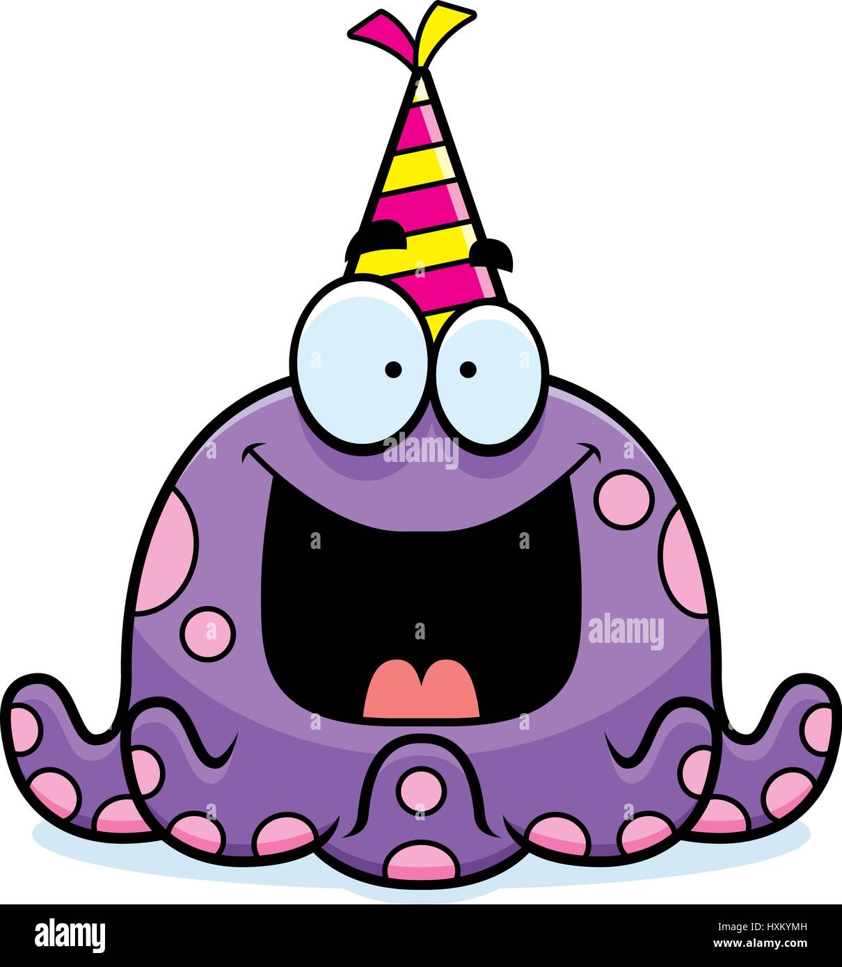 Illustration d'une caricature d'une pieuvre avec un chapeau de fête à heureux. Illustration de Vecteur