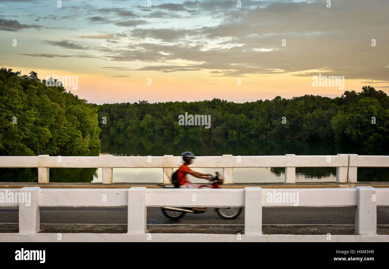 Flou de mouvement d'un simple passage motocycliste pont sur une rivière bordées encore au coucher du soleil. Banque D'Images