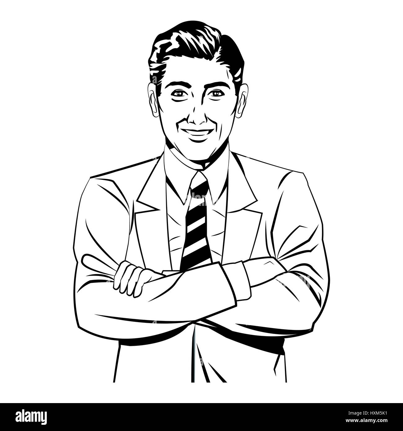 Homme bras croisés style bande dessinée noir et blanc Image Vectorielle