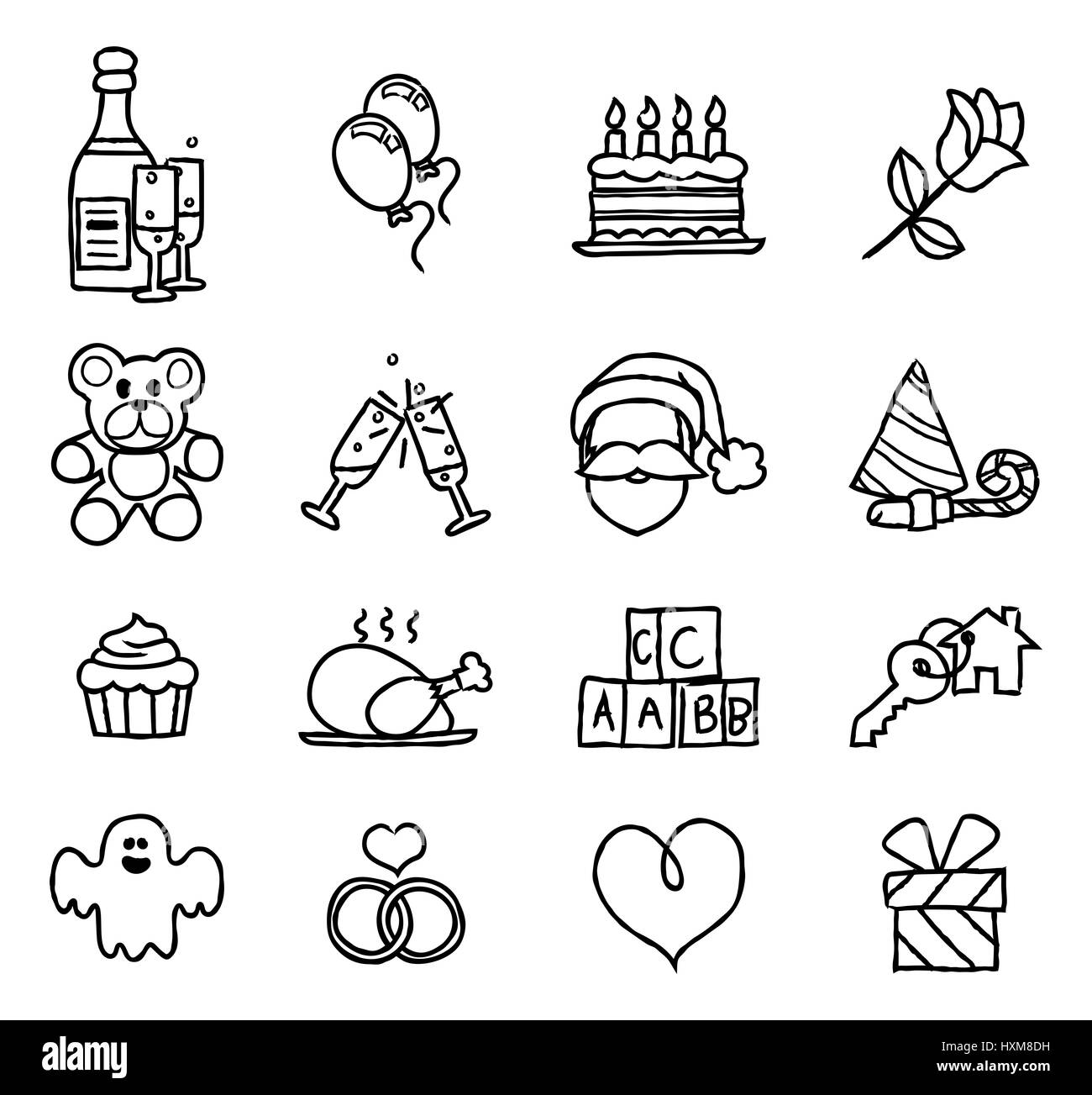 Célébration ou un événement de la vie de la catégorie Cadeaux icon set dans un rough d'encre aquarelle peint grungy style dessiné à la main Banque D'Images