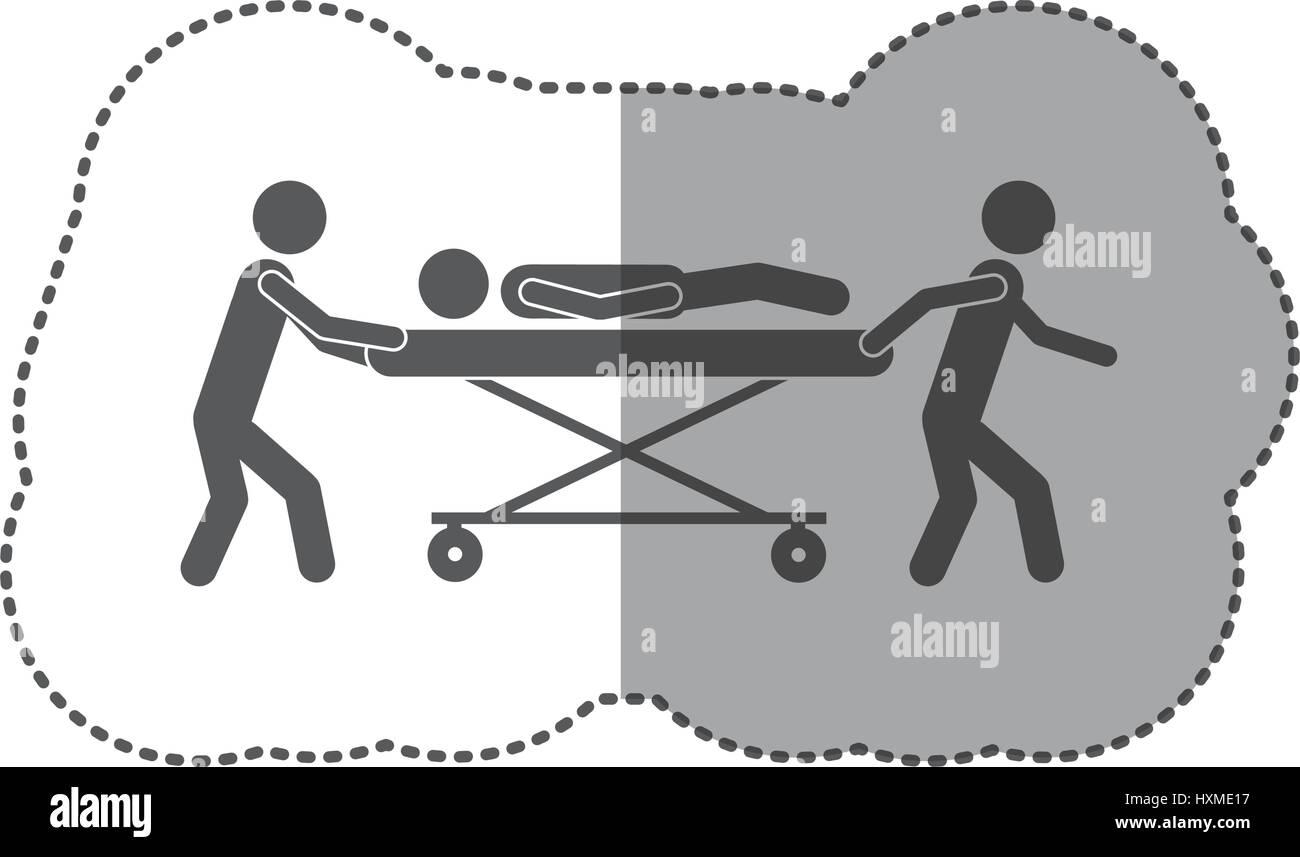 Pictogramme autocollant monochrome avec les paramédics en civière patient Illustration de Vecteur