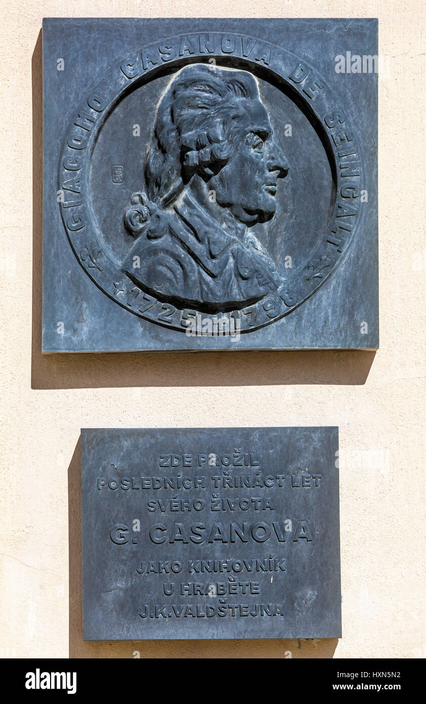 Plaque commémorative à Giacomo Casanova Duchcov Castle, Duchcov, République Tchèque, Europe Banque D'Images