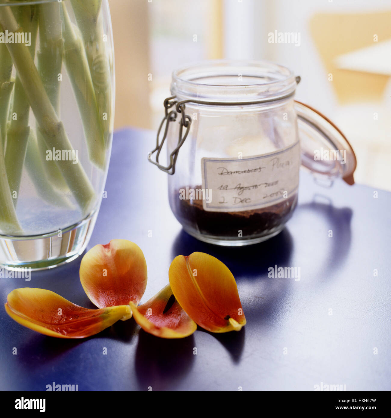 'Vase, pot et pétales de fleurs sur la table." Banque D'Images