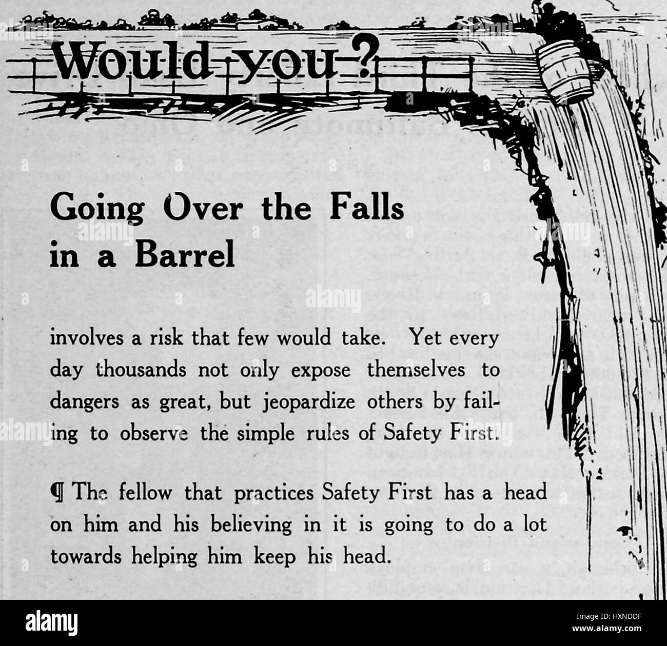 Exemple d'une personne allant au-dessus des Chutes du Niagara dans un tonneau, avec une note sur les risques et la sécurité personnelle, informant le lecteur de mettre 'Safety First', 1912. Banque D'Images