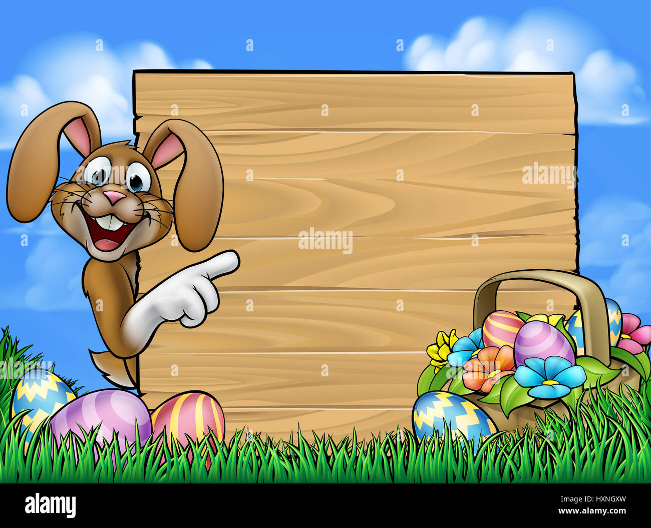 Cartoon lapin de Pâques lapin peeking autour d'un panneau en bois et en pointant avec un panier d'oeufs de Pâques au chocolat panier Banque D'Images