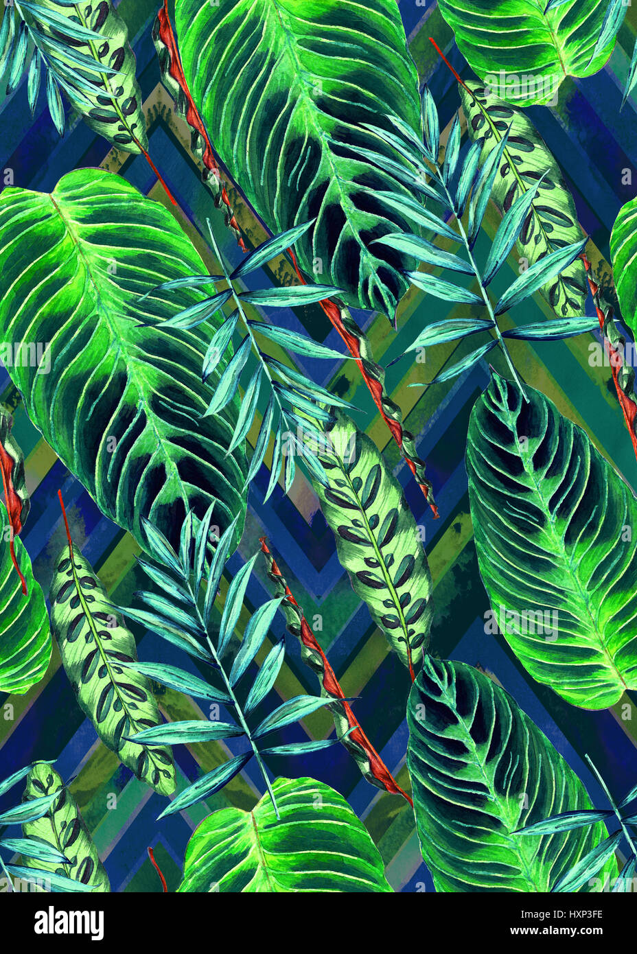 Motif florale avec de belles feuilles de palme et de l'aquarelle) Calathea. Feuillage jungle colorés sur fond ornement chevron. Le design textile. Banque D'Images