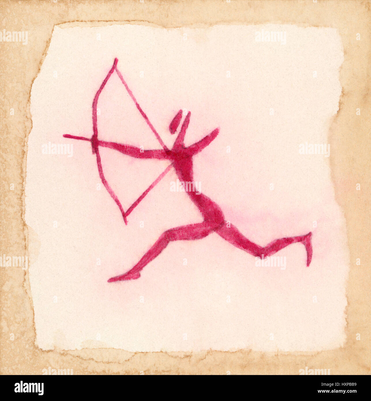 L'exécution de la chasse archer. Dessin primitif inspiré par l'art pariétal ancien du Sahara. De l'encre rouge sur papier. Banque D'Images