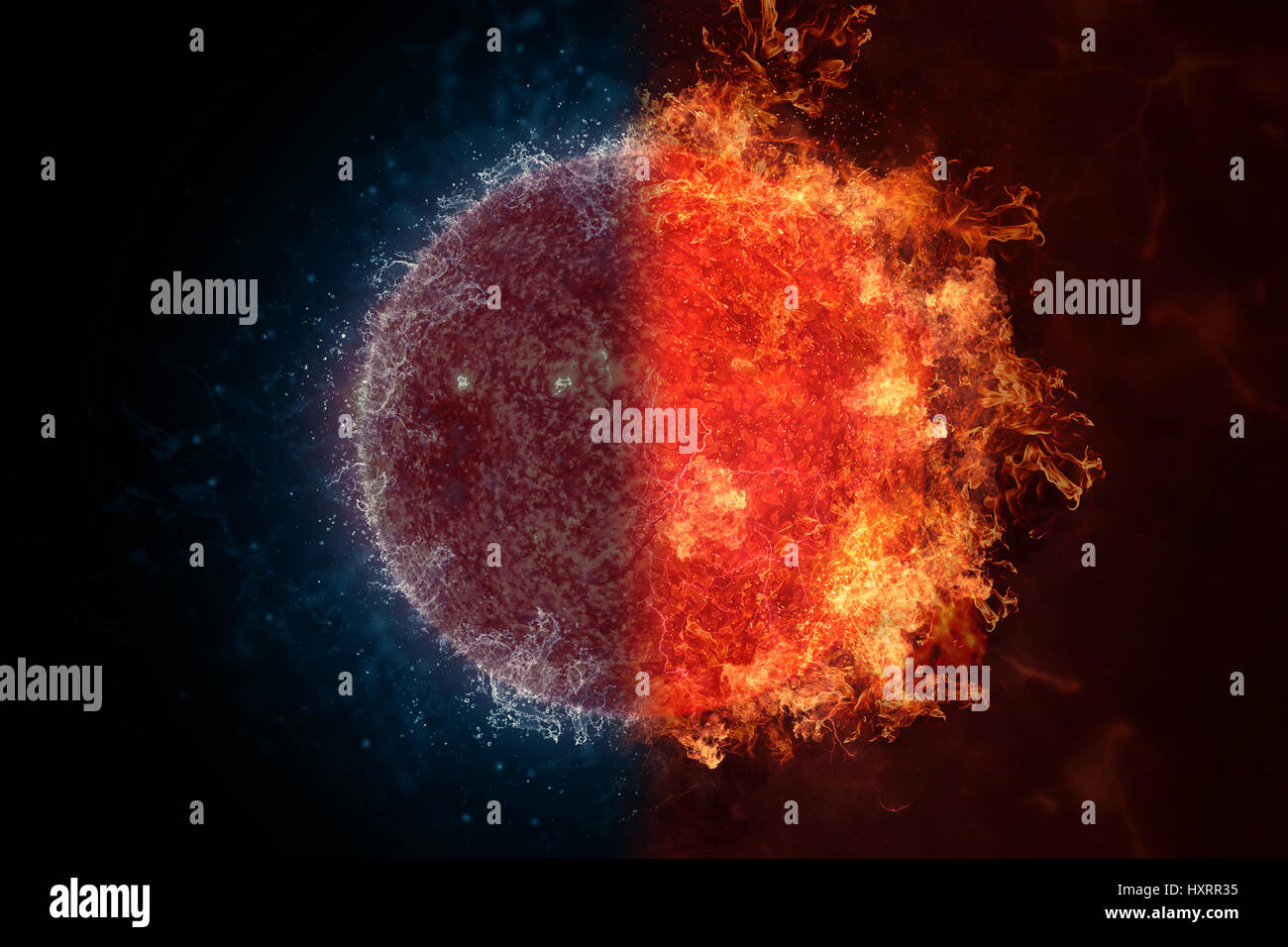 Soleil dans l'eau et du feu. Concept de l'oeuvre de science-fiction. Banque D'Images