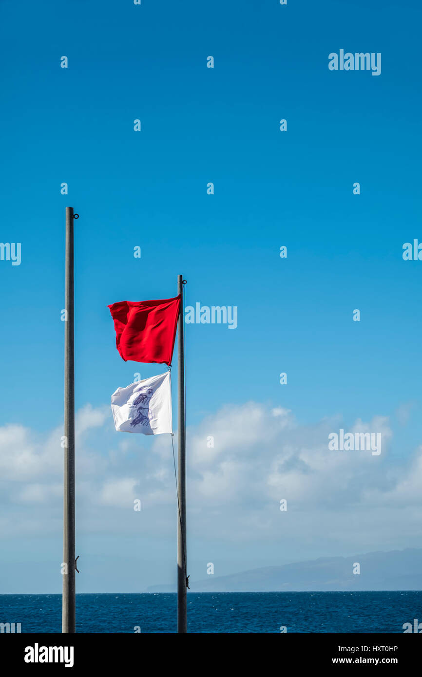 Mâts avec drapeaux rouge et blanc voler contre ciel bleu clair et d'avertir l'océan dangereux de nager et de méduses Banque D'Images