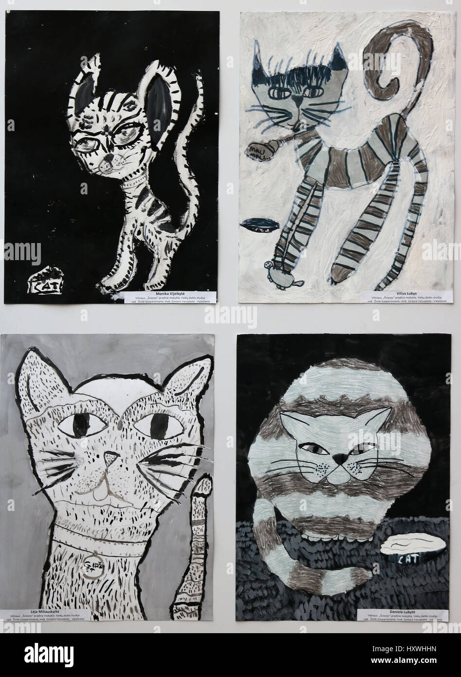 VILNIUS, LITUANIE - février 11, 2017 : Dessins et peintures de chats d'enfants de l'école élémentaire l'école d'art "Light" dans le cadre d'une exposition dans la grande s Banque D'Images