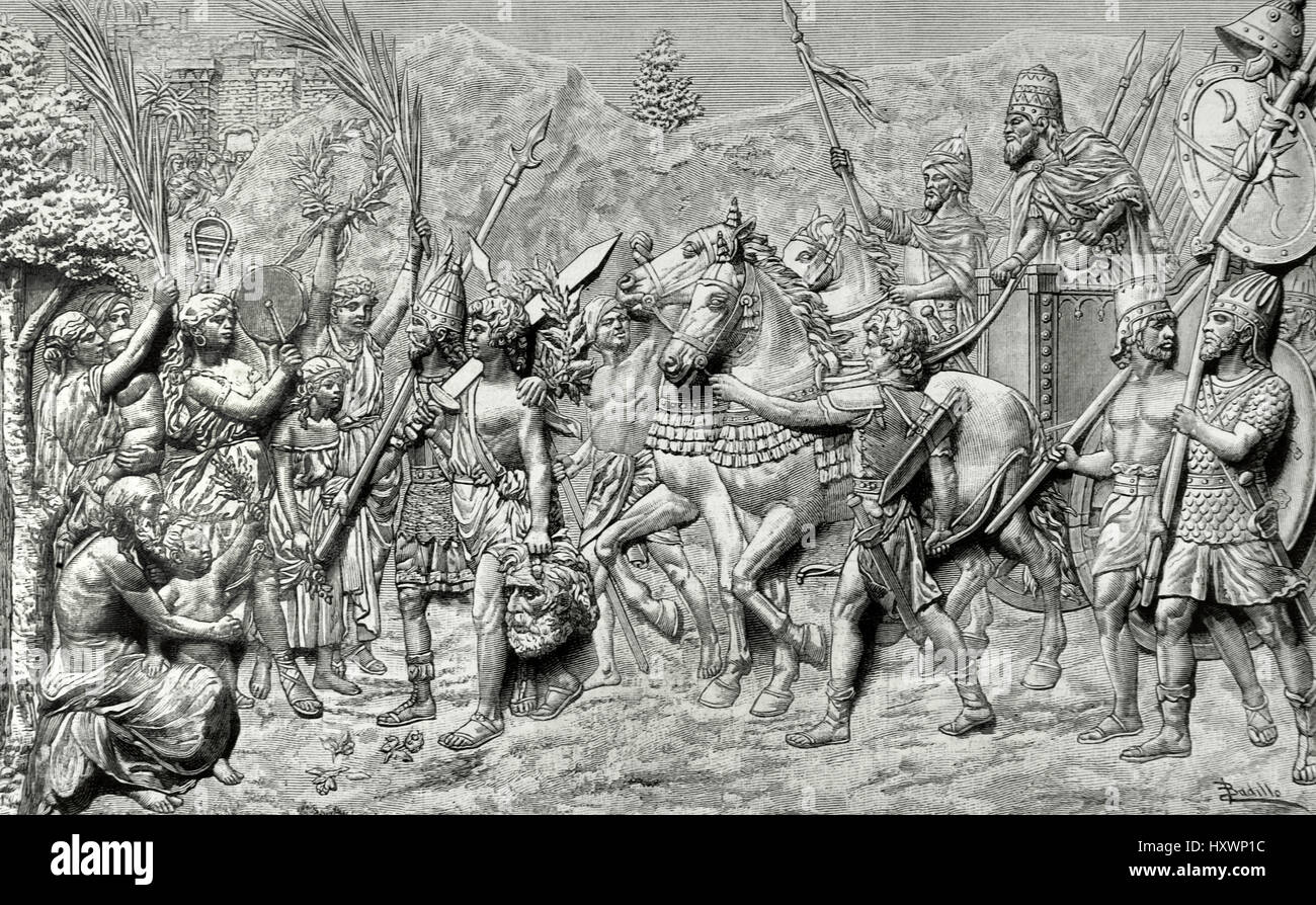 David's entrée triomphale à Jérusalem après avoir tué Goliath. Il sera le futur roi d'Israël. Gravure de Capuz. 'La Ilustracion Espanola y Americana', 1886. Banque D'Images