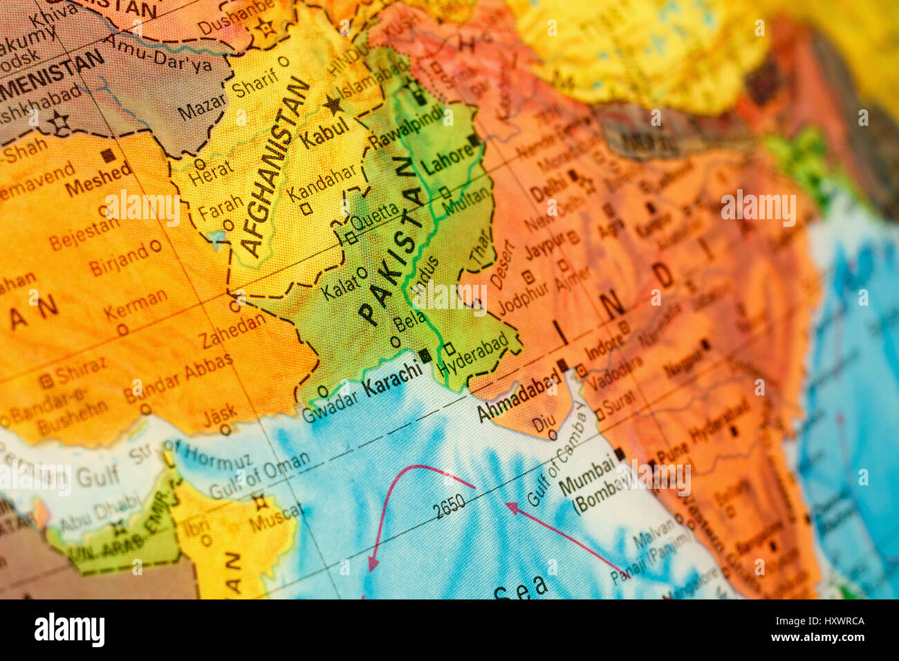 La carte de l'Afghanistan et le Pakistan close-up macro image. Selective focus Banque D'Images