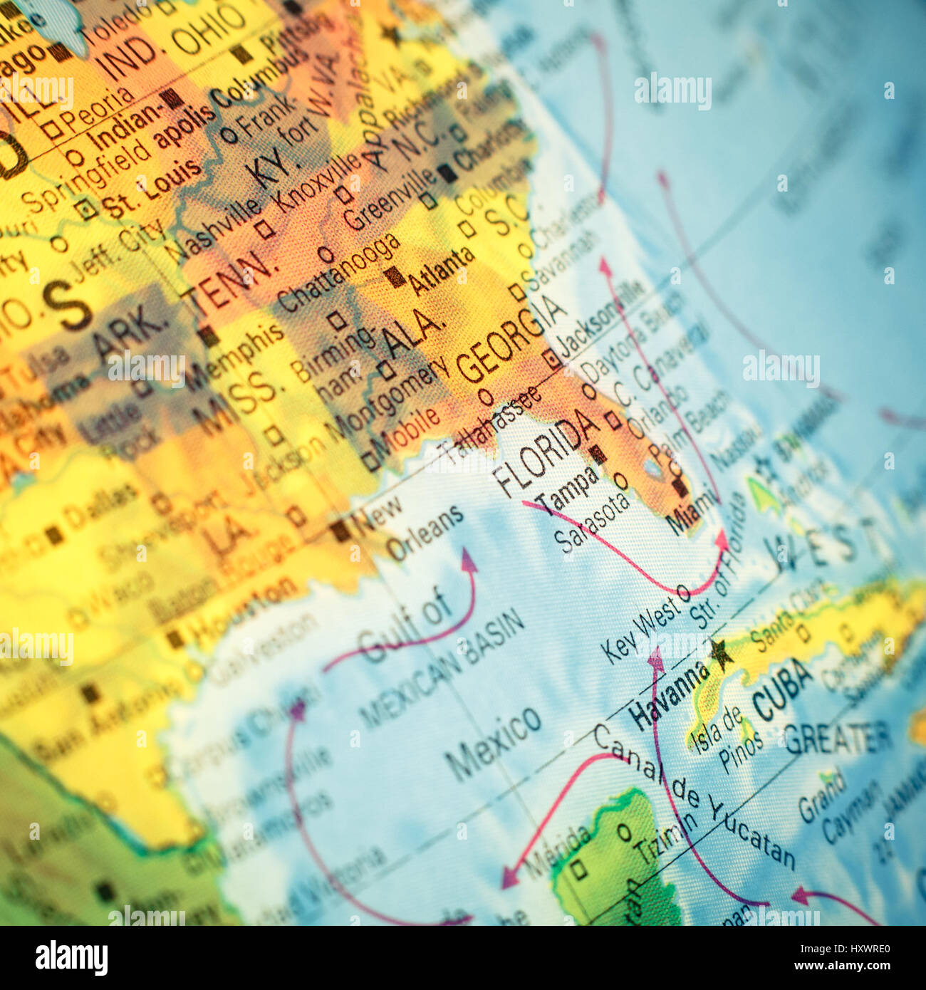 Map South East USA . Close-up macro image de l'Amérique du Sud-est de la carte. Selective focus Banque D'Images