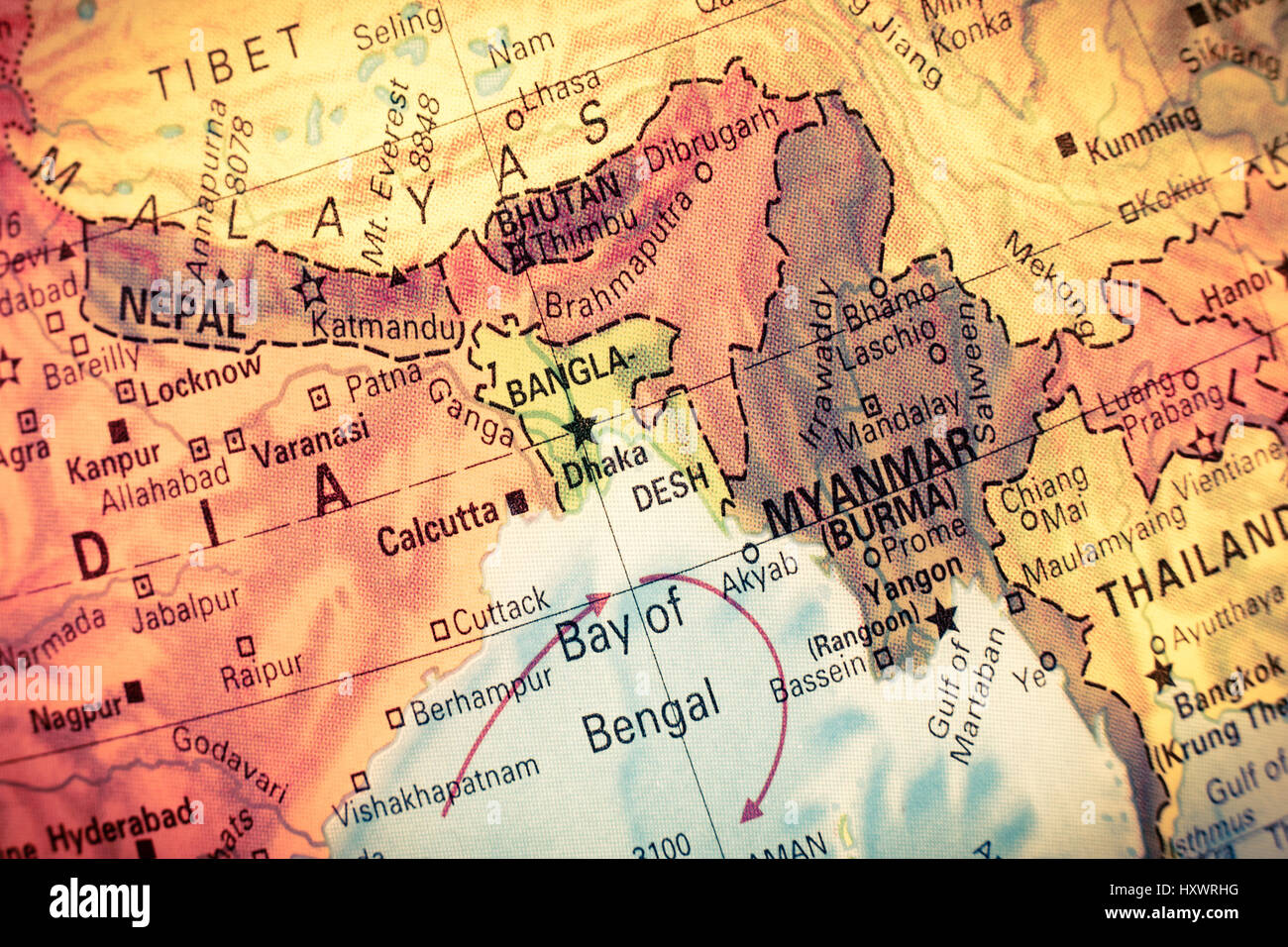 Vintage Map Myanmar,Bangladesh, Close-up macro image d'Asie du Sud-Est carte . Selective focus sur le Bangladesh Banque D'Images