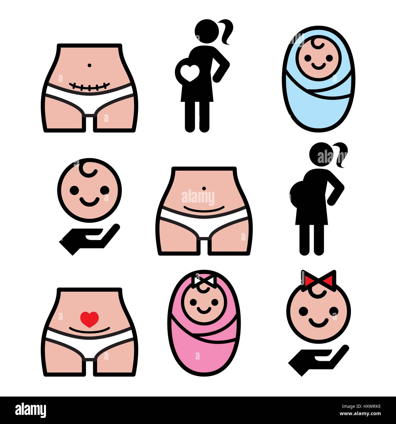 La césarienne, c-section, femme enceinte, bébé icons set Illustration de Vecteur