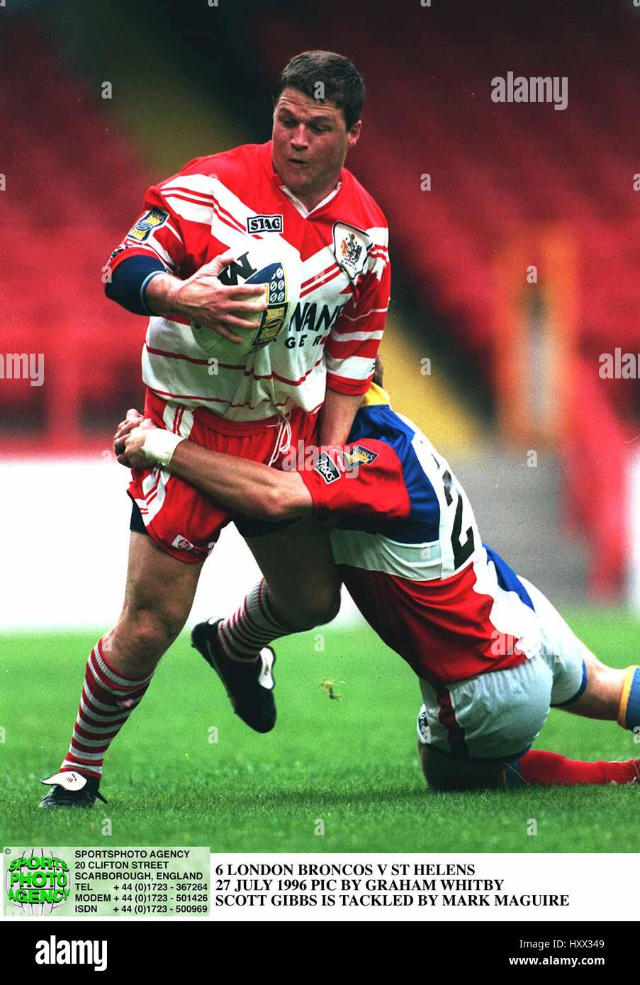 SCOTT Gibbs & MARK MCGUIRE LONDON BRONCOS V ST HELENS 27 Juillet 1996 Banque D'Images