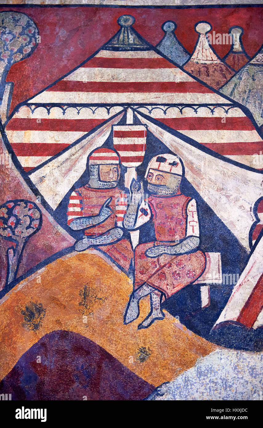 Peinture murale à la fresque gothique 'LA CONQUÊTE DE MAJORQUE' 1285-1290. Musée national d'Art Catalan, Barcelone, Espagne, inv no : 071447-TCMA. La murale pai Banque D'Images