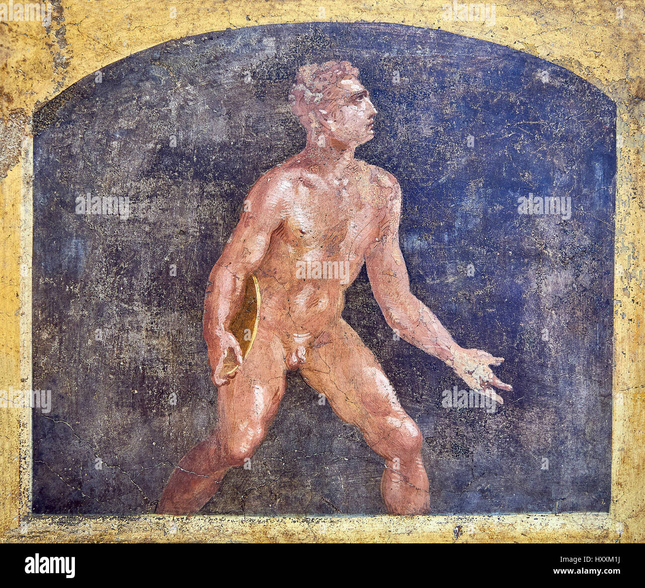 Peinture murale fresque romaine d'un lanceur de disque à partir du triclinium, Villa Arianna , Stabiae près de Pompéi, inv 9053, Musée National de Naples Banque D'Images