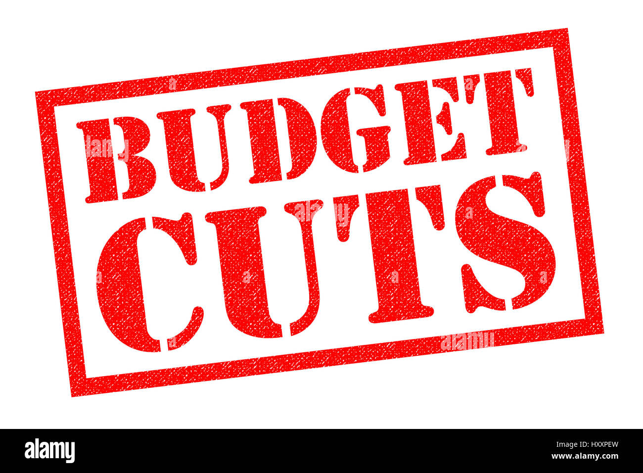 Les compressions budgétaires de tampon en caoutchouc rouge sur un fond blanc. Banque D'Images