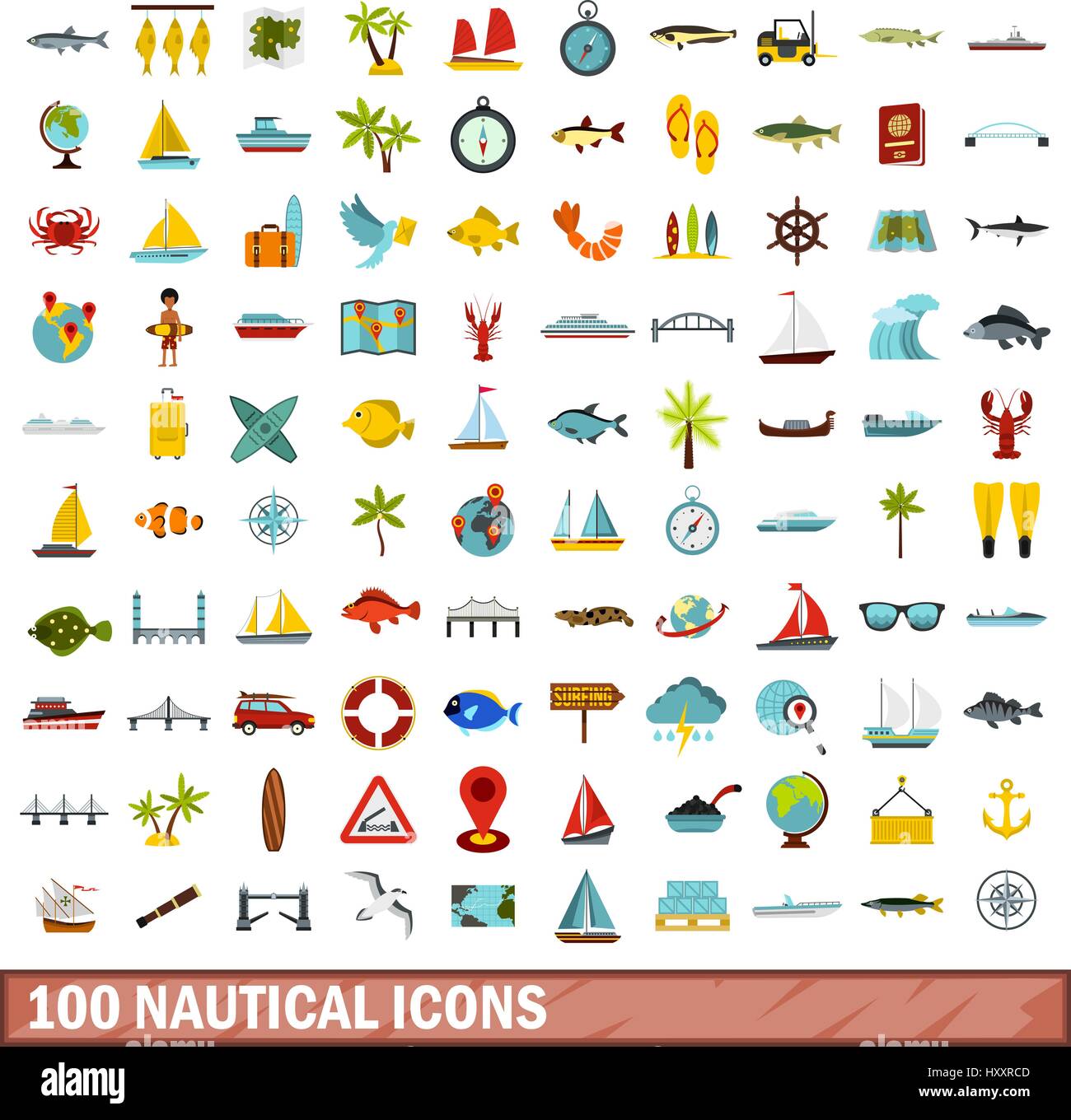 100 milles marins icons set, style plat Illustration de Vecteur