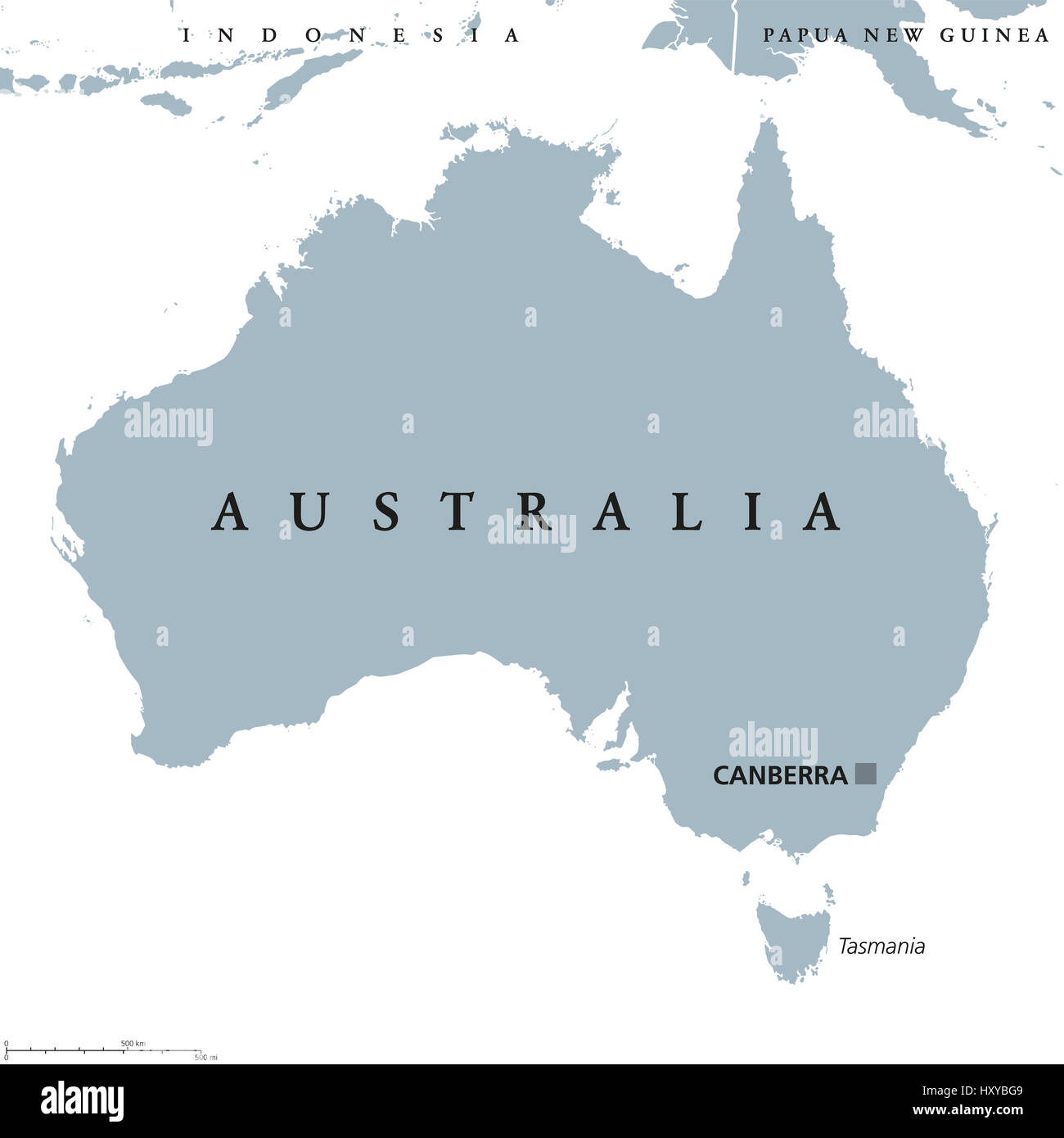 Carte politique de l'Australie avec Canberra capital. Pays et du Commonwealth, la terre ferme du continent australien et la Tasmanie. Gris illustration. Banque D'Images