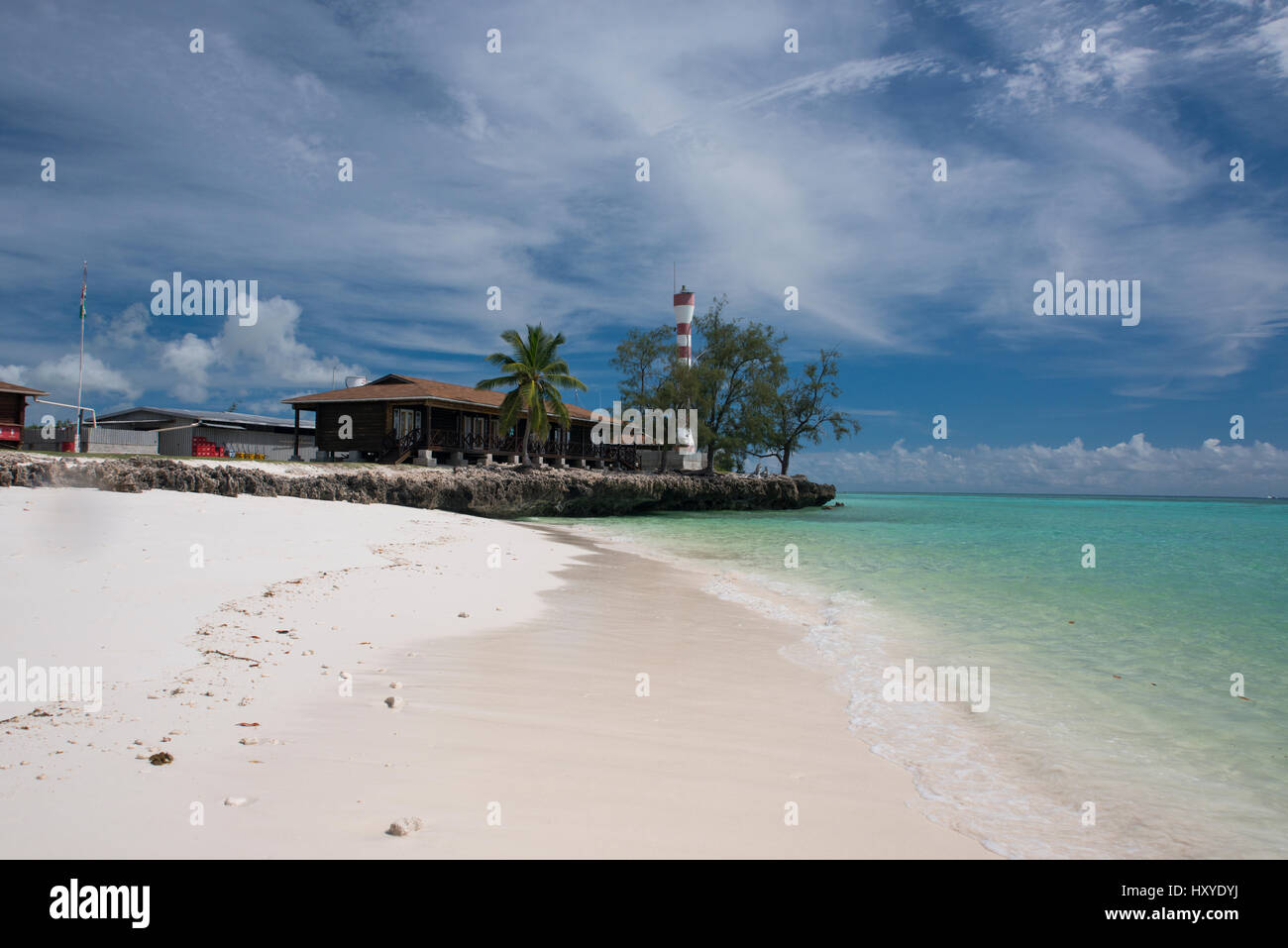 Les Seychelles, l'Océan Indien, l'île d'Aldabra Atoll d'Aldabra, Groupe, Picard Island aka West Island. Station de recherche. UNESCO World Heritage Site. Banque D'Images