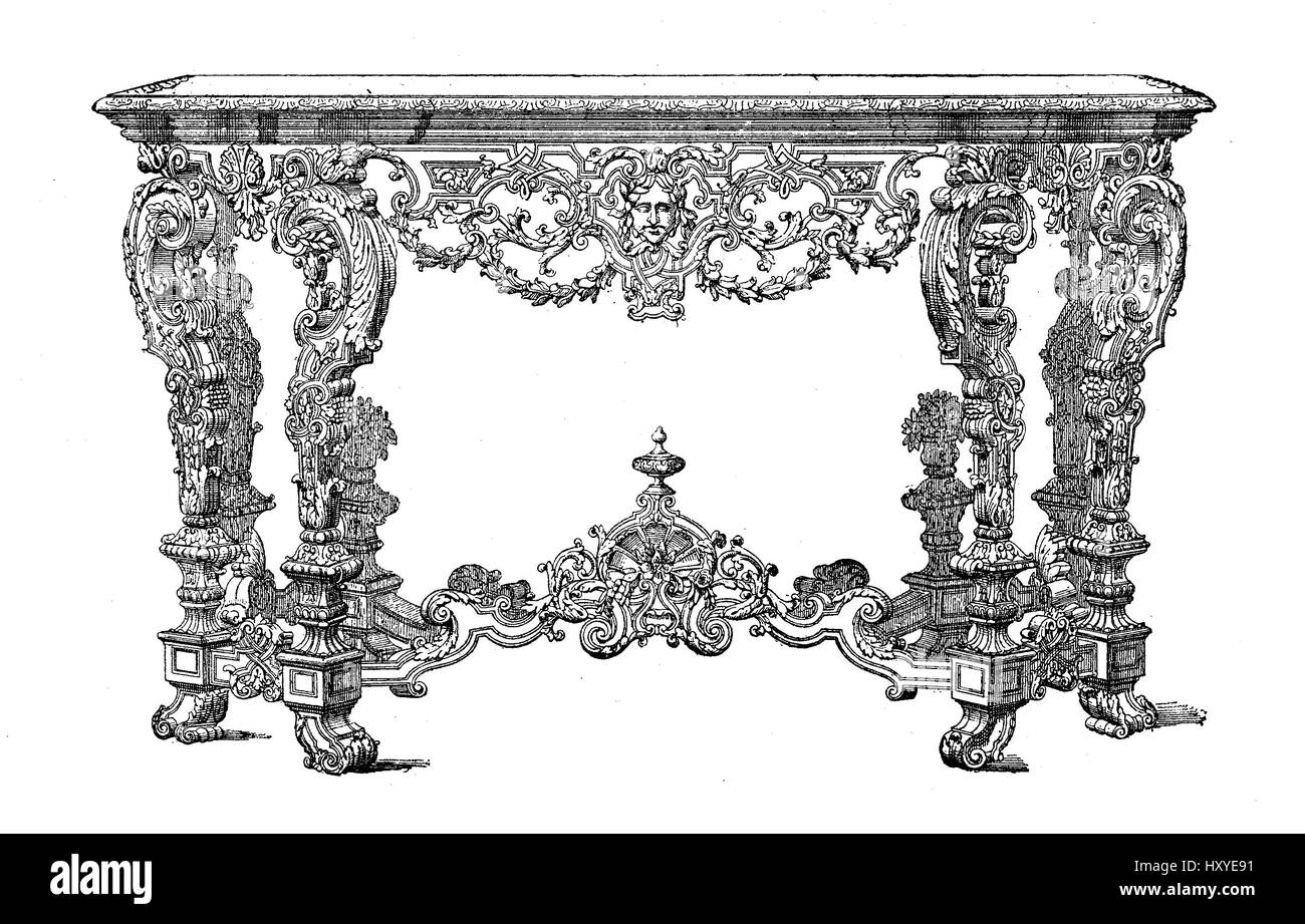 Gravure de vintage console mobilier rococo style Louis XIV, XVII siècle Banque D'Images