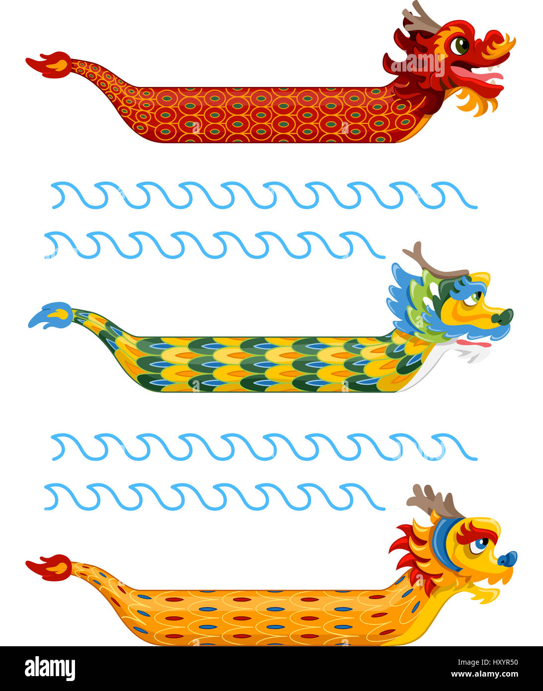 Illustration de bateaux dragons avec motifs variés et colorés Banque D'Images