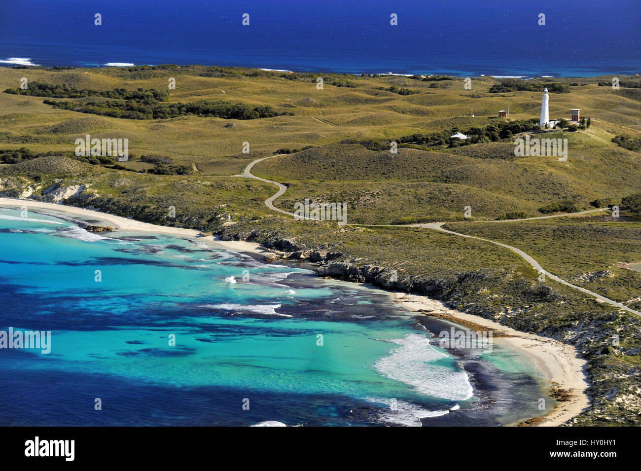 Vue aérienne de l'Wadjemup Phare sur Rottnest Island, Australie de l'Ouest. Banque D'Images