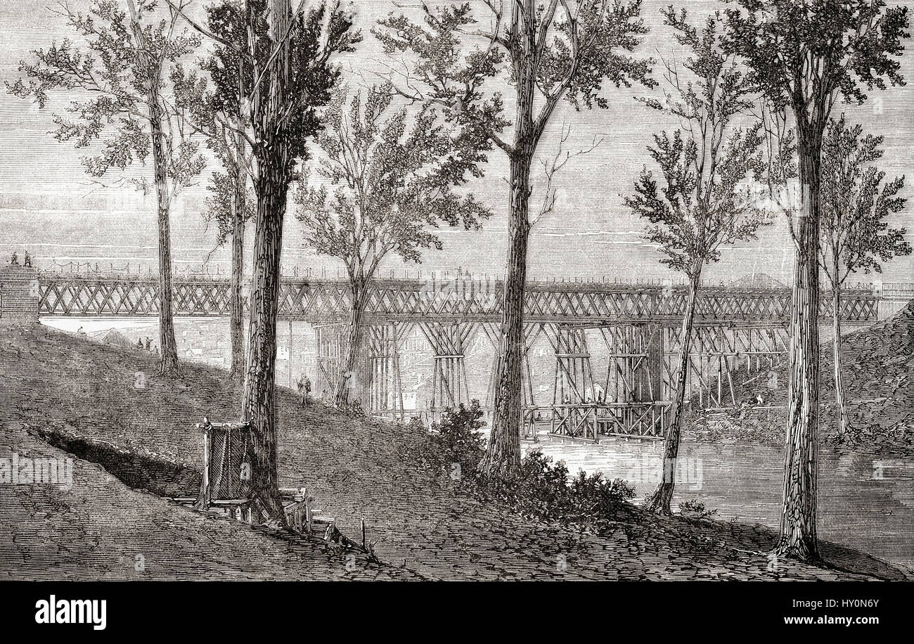 Premier pont ferroviaire sur la rivière Bremer, au nord de la ville d'Ipswich, Ipswich, Queensland, Australie vers 1866. À partir de l'Univers Illustre publié 1867. Banque D'Images