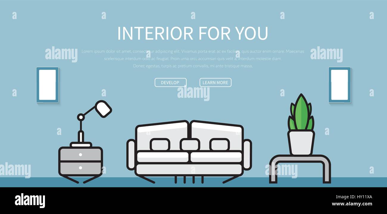 En-tête du modèle pour un site web avec un design intérieur de la chambre avec un canapé, des lumières et un mur bleu. Vector illustration Illustration de Vecteur