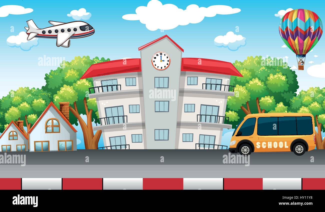 Bâtiment de l'école avec des bus en face de l'école illustration Illustration de Vecteur