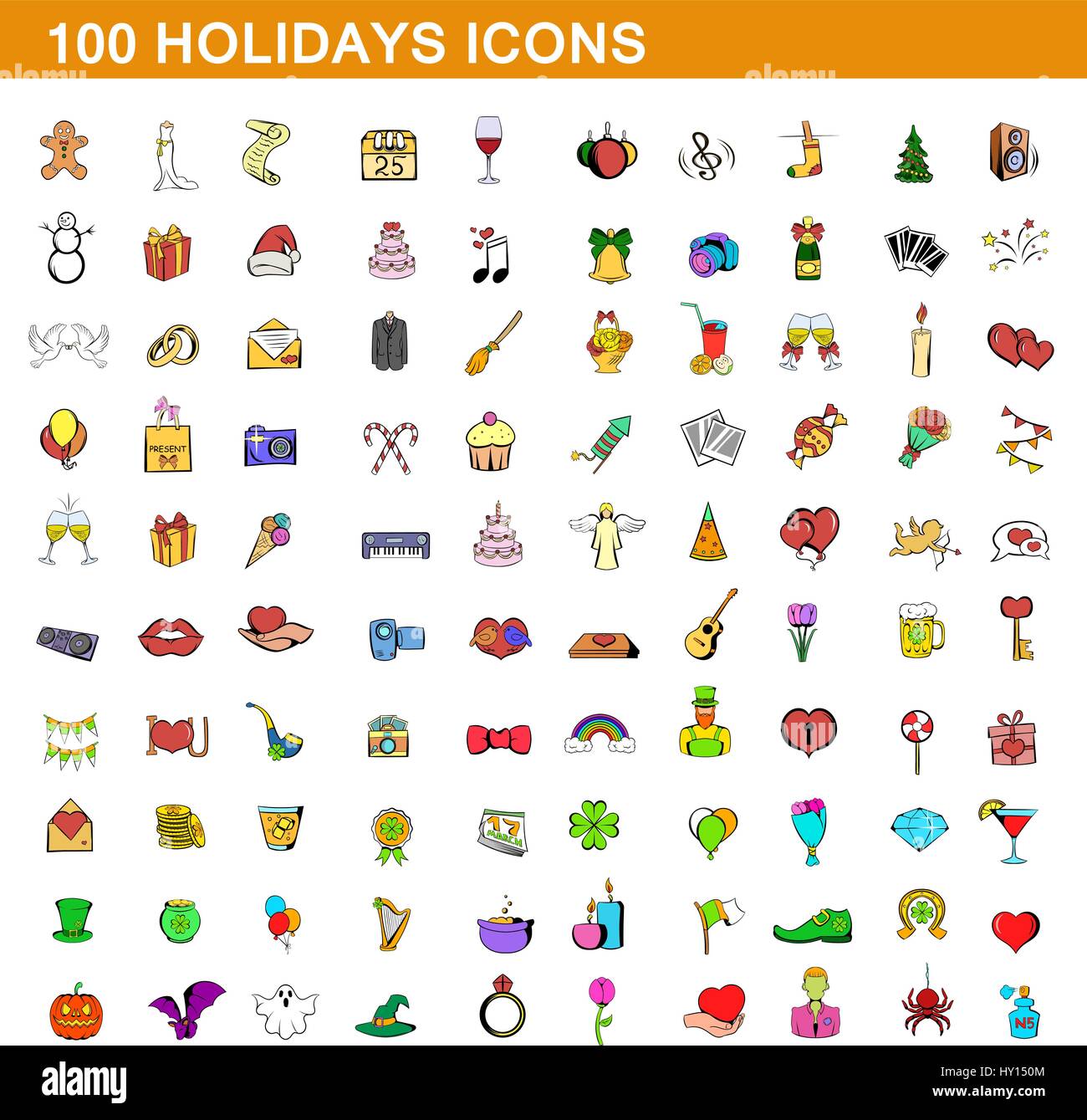 100 jours fériés icons set, cartoon style Illustration de Vecteur