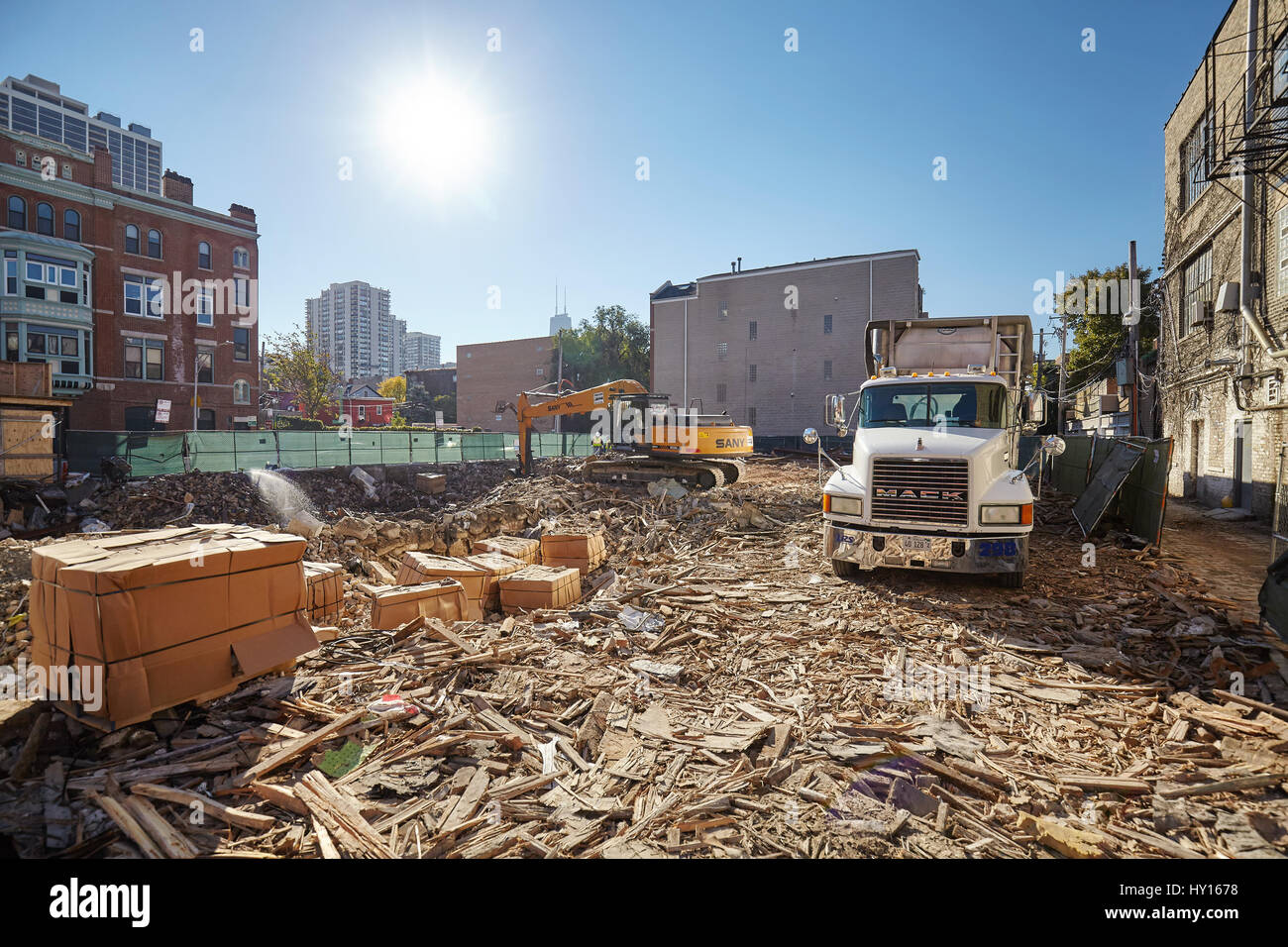 Chicago, USA - 14 octobre 2016 : Démolition à Chicago Downtown, la préparation des terres pour de nouveaux investissements. Banque D'Images