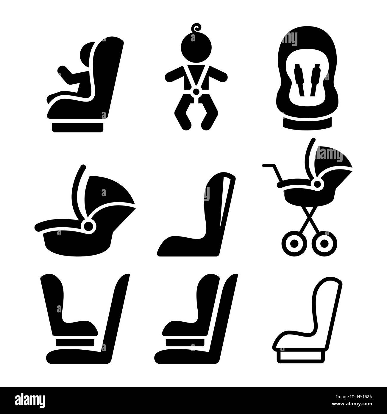 Siège de voiture de bébé, siège de voiture croisière - coffre enfant voyageant icons Illustration de Vecteur