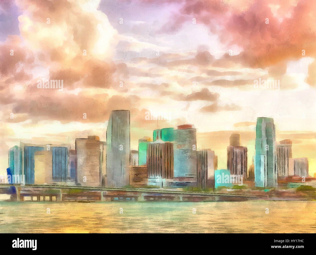 Aquarelle numérique d'un coucher du soleil dans le centre-ville de Miami, en Floride. Banque D'Images