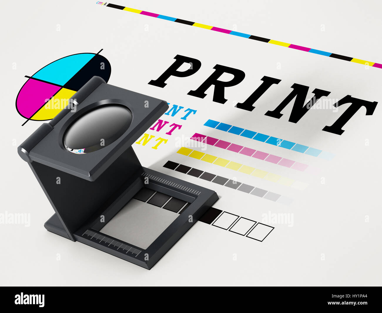 Loupe d'impression couleur sur papier test permanent. 3D illustration. Banque D'Images
