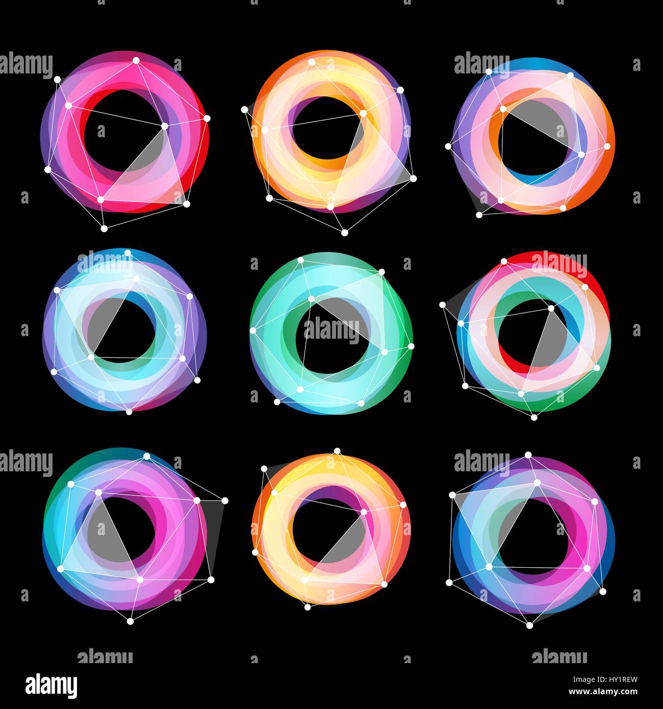 Des formes géométriques abstraites inhabituelle logo vector set. Logotypes coloré circulaire collection sur le fond noir. Illustration de Vecteur