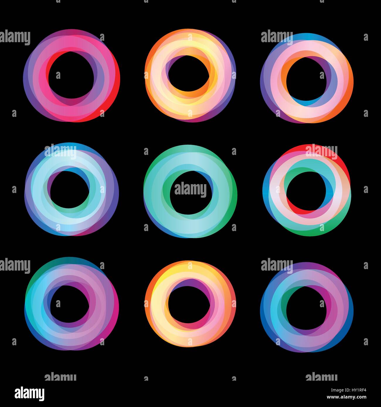 Des formes géométriques abstraites inhabituelle logo vector set. Colorés, polygonale circulaire logotypes collection sur le fond noir. Illustration de Vecteur