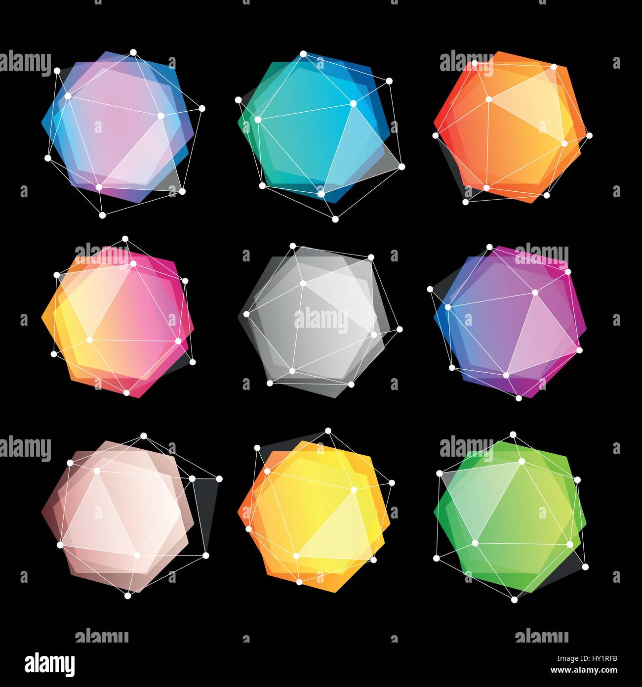 Des formes géométriques abstraites inhabituelle logo vector set. Logotypes colorés polygonale collection sur le fond noir. Illustration de Vecteur