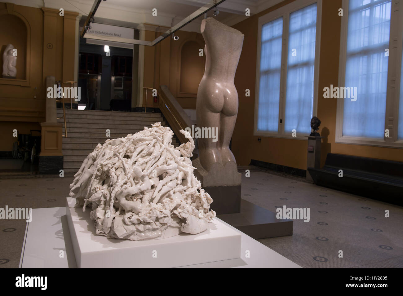V&A, Londres, Royaume-Uni. Le 31 mars 2017. Sculptures en porcelaine monumentale par l'artiste anglais Rachel Kneebone exposés parmi les chefs-d'œuvre de la sculpture du V&A collection. Trois sculptures de l'artiste sont présentées dans les galeries Sculpture Hintze parmi les bronzes d'Auguste Rodin. Placé à côté de ces sculptures sur le centenaire de la mort de Rodin, cette exposition met en lumière l'intérêt commun des artistes dans la capture de membres d'émotion tout en offrant une comparaison entre leurs choix de matériaux et de techniques. Credit : Malcolm Park editorial/Alamy Live News. Banque D'Images