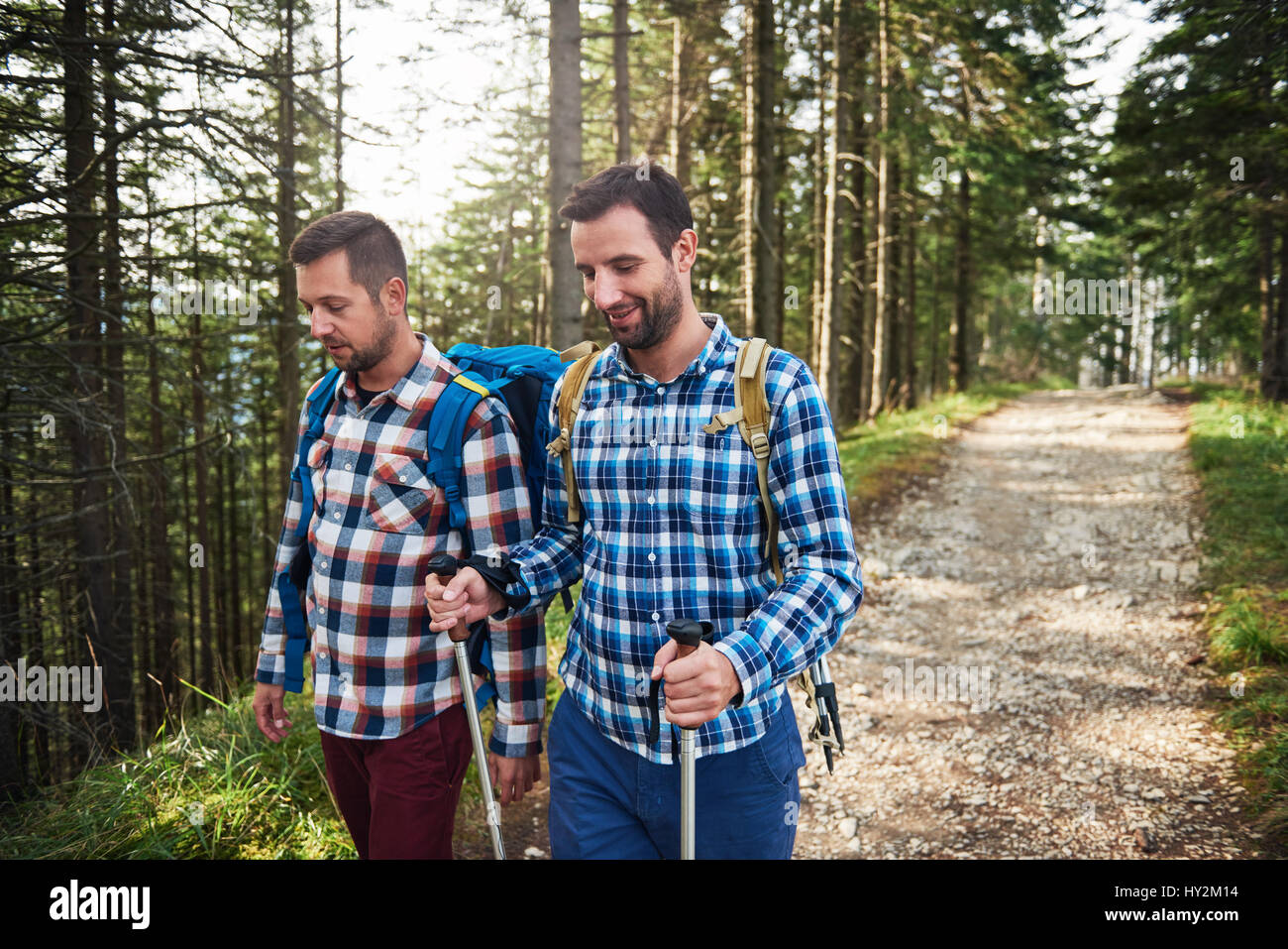 Deux randonneurs parler ensemble sur un sentier dans les bois Banque D'Images