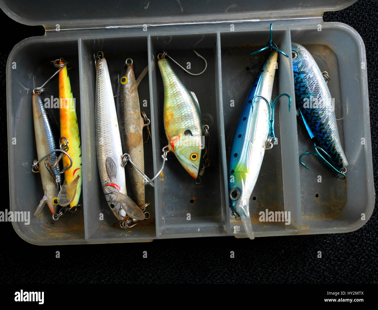 Vieille boîte de leurres de pêche Banque D'Images