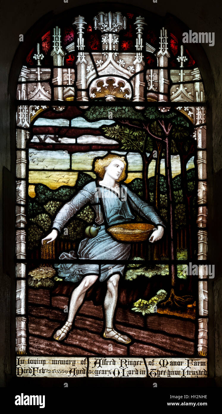 Le Semeur de vitraux, l'église de la Vierge Marie, Titchwell, Norfolk, England, UK Banque D'Images