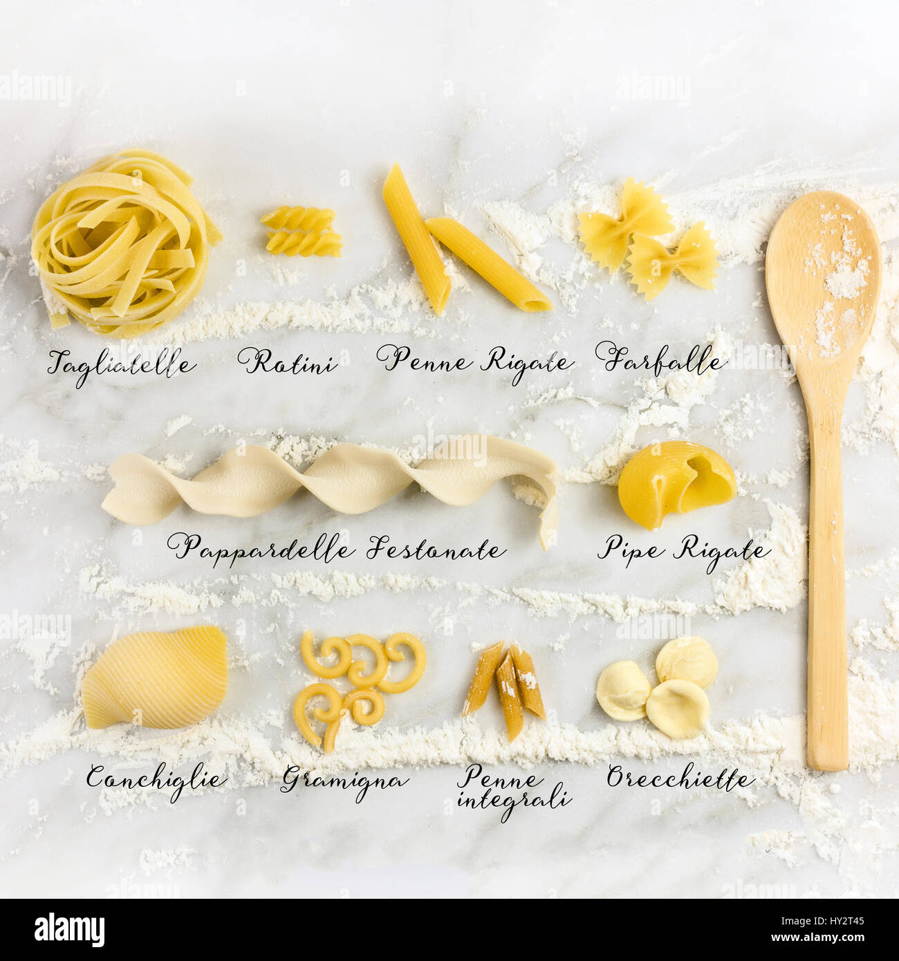 Différentes variétés de pâtes avec leurs noms Photo Stock - Alamy