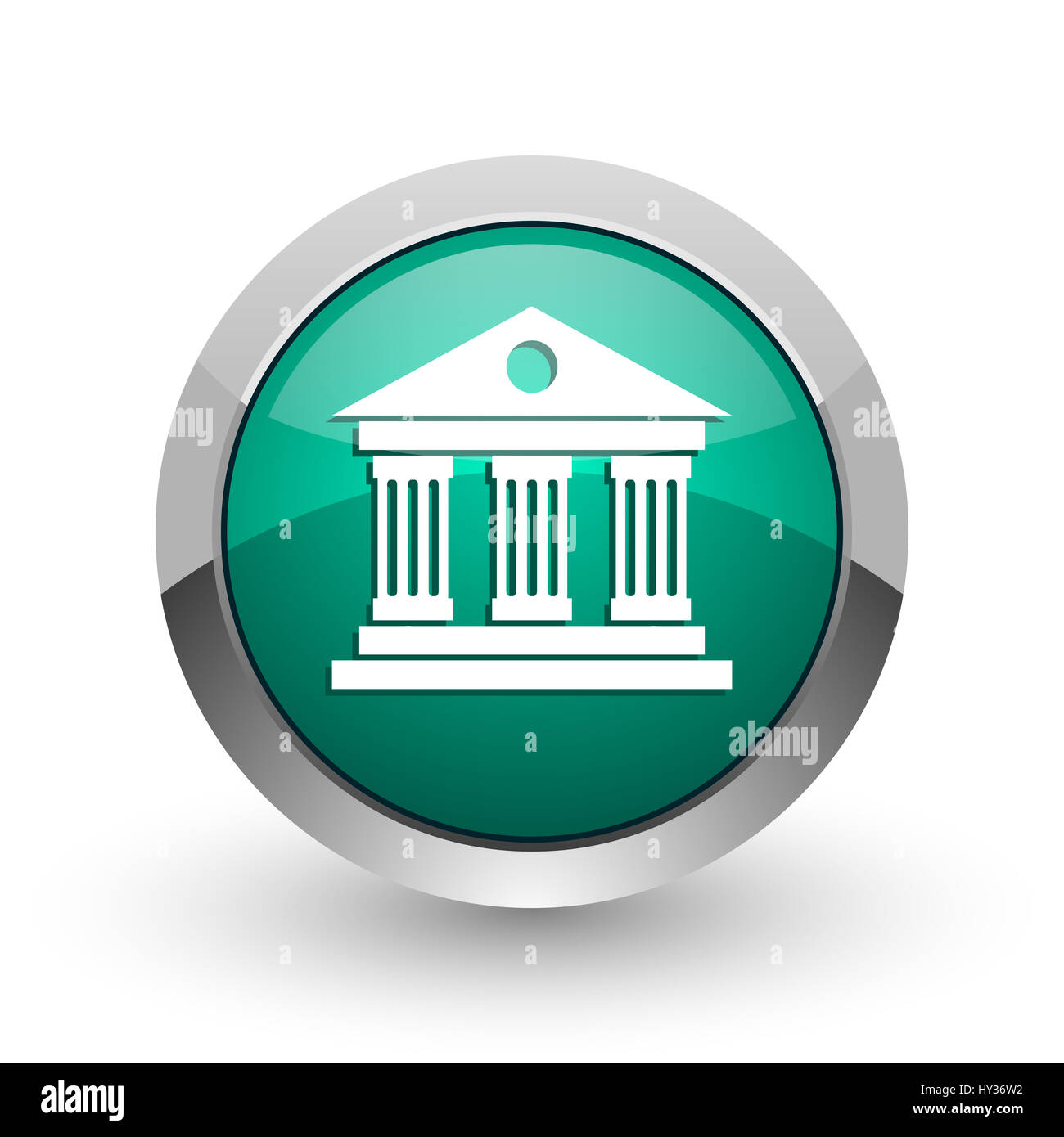 Chrome argent métallique musée conception web internet rond vert icône avec ombre sur fond blanc. Banque D'Images