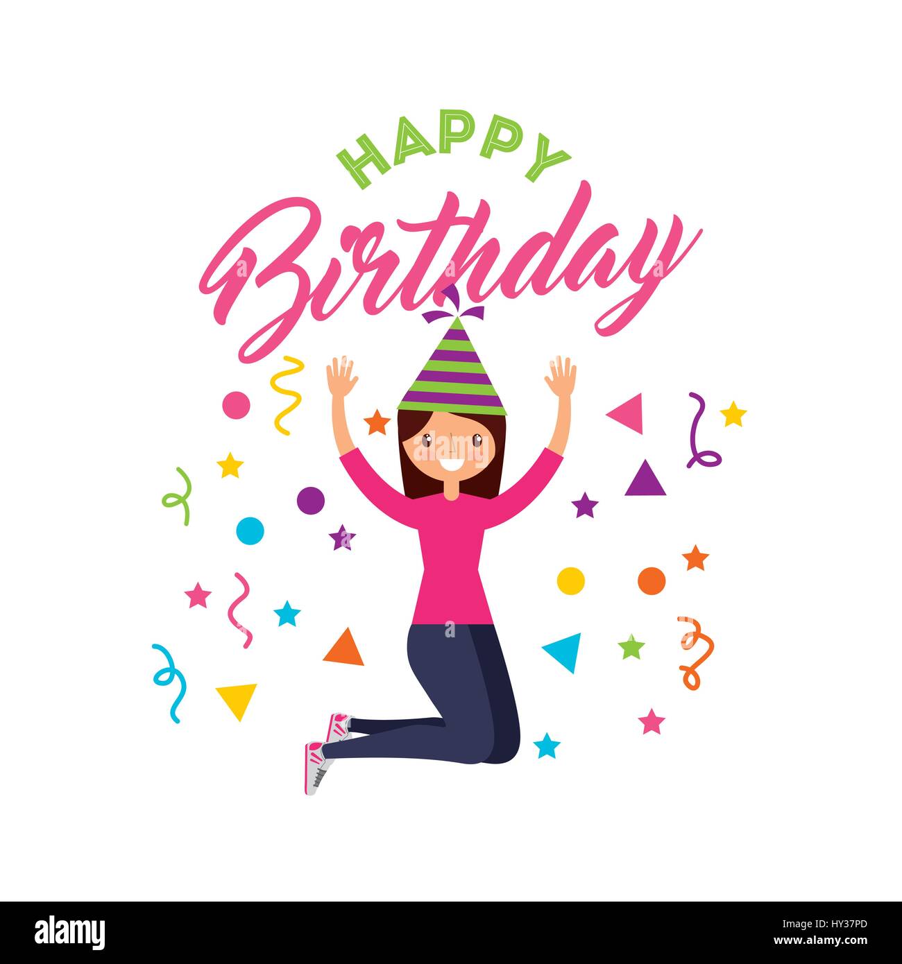 Joyeux Anniversaire Carte Avec Girl Wearing A Party Hat Sur Fond Blanc Design Colore Vector Illustration Image Vectorielle Stock Alamy