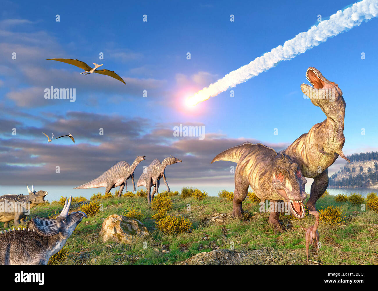 Illustration de l'événement de K/T à la fin de la période du Crétacé. Une dizaine de kilomètres de large astéroïde ou une comète est dans l'atmosphère terrestre comme les dinosaures, y compris le T. rex, regarde. Banque D'Images